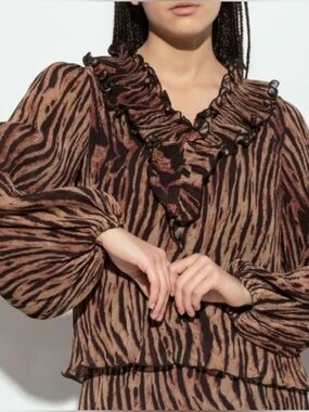 Ganni Pleated Georgette Ruffle Puff Sleeve Blouse Tigers Eye Romantic Bohemian